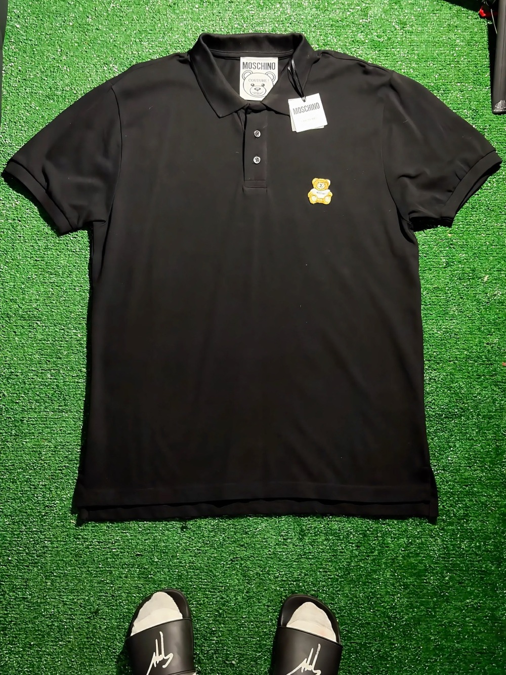 Moschino Black Polo Shirt with Gold Teddy Patch